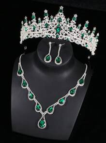 Set de 4 piezas: Corona de niña de las flores para boda, conjunto de collar y aretes de cristal, accesorios para vestirse para fiesta, festival y evento, apropiado para presentaciones en escenario, pasarela y regalo de cumpleaños para niños