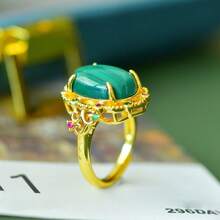 1 pieza Anillo ajustable de malaquita natural con diseño dorado, anillo con diseño de gema y oro, hecho a mano, guardián de la paz, anillo de buena suerte y fortuna de moda para hombre, mujer y pareja, anillo de compromiso memorial, cristal curativo, amuleto regalo, regalo para ella, regalo festivo, regalo de cristal de moda. (Con caja de regalo)