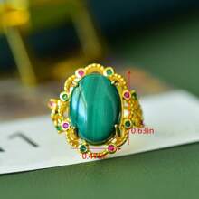 1 pieza Anillo ajustable de malaquita natural con diseño dorado, anillo con diseño de gema y oro, hecho a mano, guardián de la paz, anillo de buena suerte y fortuna de moda para hombre, mujer y pareja, anillo de compromiso memorial, cristal curativo, amuleto regalo, regalo para ella, regalo festivo, regalo de cristal de moda. (Con caja de regalo)