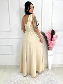 Long Luxury Plain Duna Linen Dress With Bow One Shoulder - Beige - View 2