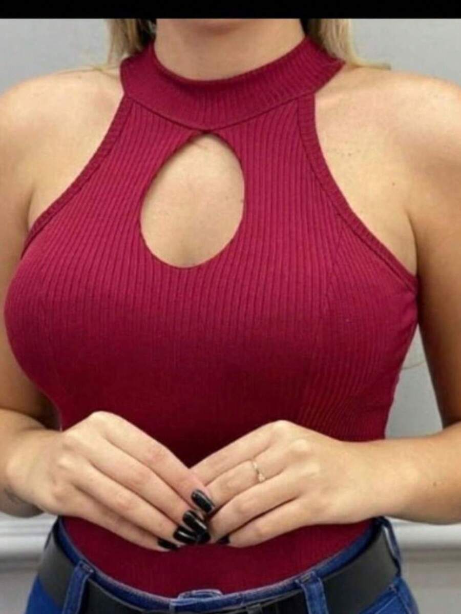 High Neck Ribbed Drop Neck Tank Top - Burgundy - View 1