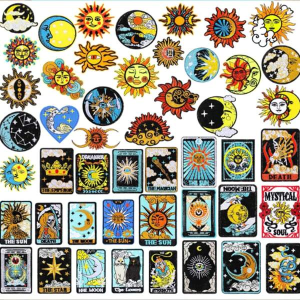 10/20/30/48pcs Cartoon Embroidered Patches Sun Skull Embroidery Applique For Clothing, Bags, Decor, Random Pattern & Color, Iron-On Patch, Sewing For More Durability