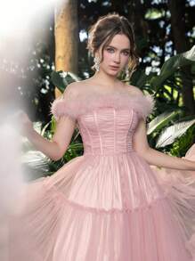 Váy dạ hội ống xếp nếp thanh lịch bằng vải tuyn, váy dự tiệc cưới bán trang trọng, dự tiệc sinh nhật, tốt nghiệp - Hồng - Xem 10