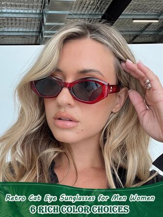 1 件装复古猫眼时尚眼镜，男女通用，彩色窄方形墨镜，成人美观复古男女通用眼镜（带多功能螺丝刀、眼镜纤维布），适合夏季海滩度假、户外、旅行
