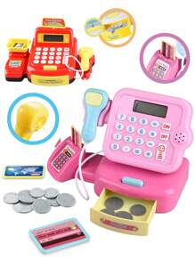 1 caja Juguete de caja registradora, juguete de casa de juegos para niños, simulador de escáner de caja registradora de supermercado con luces y sonidos, juguete educativo para niños y niñas de 3+ años, set de regalo (algunos accesorios son aleatorios, baterías no incluidas) - Rojo - Ver 3