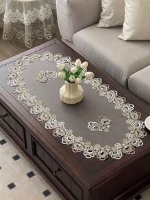 1pc Double Color Lace Mesh Tablecloth, Oval Polyester Lace Mesh Tablecloth, Heat & Dust Resistant, Suitable For Dining Tables, Coffee Tables, Parties, Weddings & Festivals