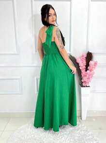 Long Plain Duna Linen Dress With Bow One Shoulder - Green - View 3