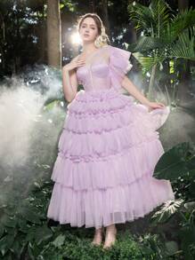 One Shoulder Lace Bodice Contrast Cascading Ruffle Hem Homecoming Cake Dress Perfect For Back To School, Gathering, Dance & Cocktail Events, Semi Formal Prom Dress, For Birthday, Wedding Guest, Graduation - Lilac Purple - View 2