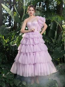 One Shoulder Lace Bodice Contrast Cascading Ruffle Hem Homecoming Cake Dress Perfect For Back To School, Gathering, Dance & Cocktail Events, Semi Formal Prom Dress, For Birthday, Wedding Guest, Graduation - Lilac Purple - View 6