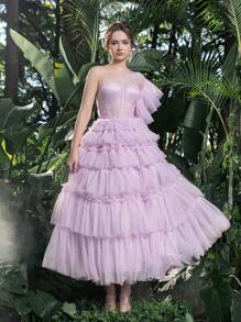 One Shoulder Lace Bodice Contrast Cascading Ruffle Hem Homecoming Cake Dress Perfect For Back To School, Gathering, Dance & Cocktail Events, Semi Formal Prom Dress, For Birthday, Wedding Guest, Graduation - Lilac Purple - View 7