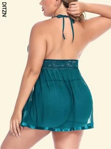 DITZN 大码性感娃娃衬衫女式连体透视情趣内衣紧身纽扣连衣裙开裆蕾丝睡衣夏季透气睡袍（赠丁字裤）