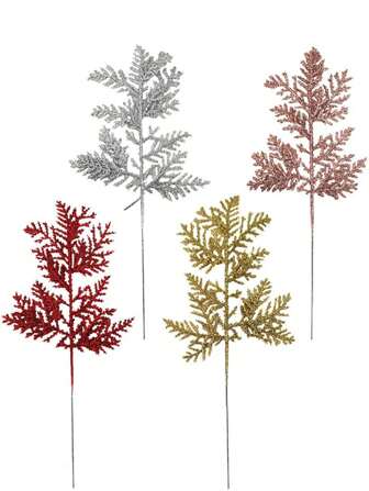 10pcs/Pack Artificial Pine Branches With Golden Glitter, Christmas Tree Decoration, DIY Craft Material,Christmas