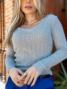 V-Neck Knit Blouse Casual Blogger Outing Party Park - 淺灰色 - 查看 1