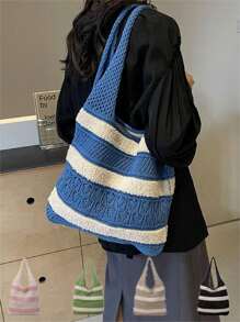 Damska ręcznie robiona torba dzianinowa, letnia torebka w paski z pustym wzorem