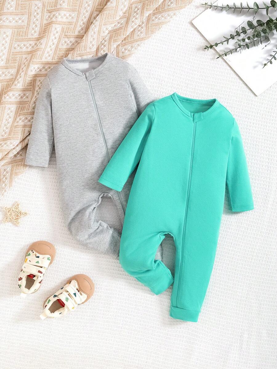 2 Stücke/Set Baby Jungen Einfarbig Langarm Reißverschluss Jumpsuit Set - Grau - Übersicht 1