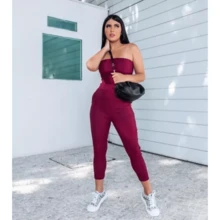 Pantacurt Women's Strapless Fitted Jumpsuit Promotion - 酒紅色 - 查看 2