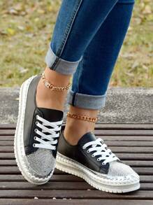 Giày thể thao thông thường pha lê lấp lánh dành cho nữ, Giày thể thao buộc dây có đế mềm mại và thoải mái, phong cách cổ điển - màu đen - Xem 8