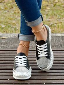 Giày thể thao thông thường pha lê lấp lánh dành cho nữ, Giày thể thao buộc dây có đế mềm mại và thoải mái, phong cách cổ điển - màu đen - Xem 7