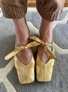 女士正方形頭芭蕾平底鞋，蝴蝶結繫帶簡約馬鞋，休閒舒適輕便裝 - 金色 - 查看 1