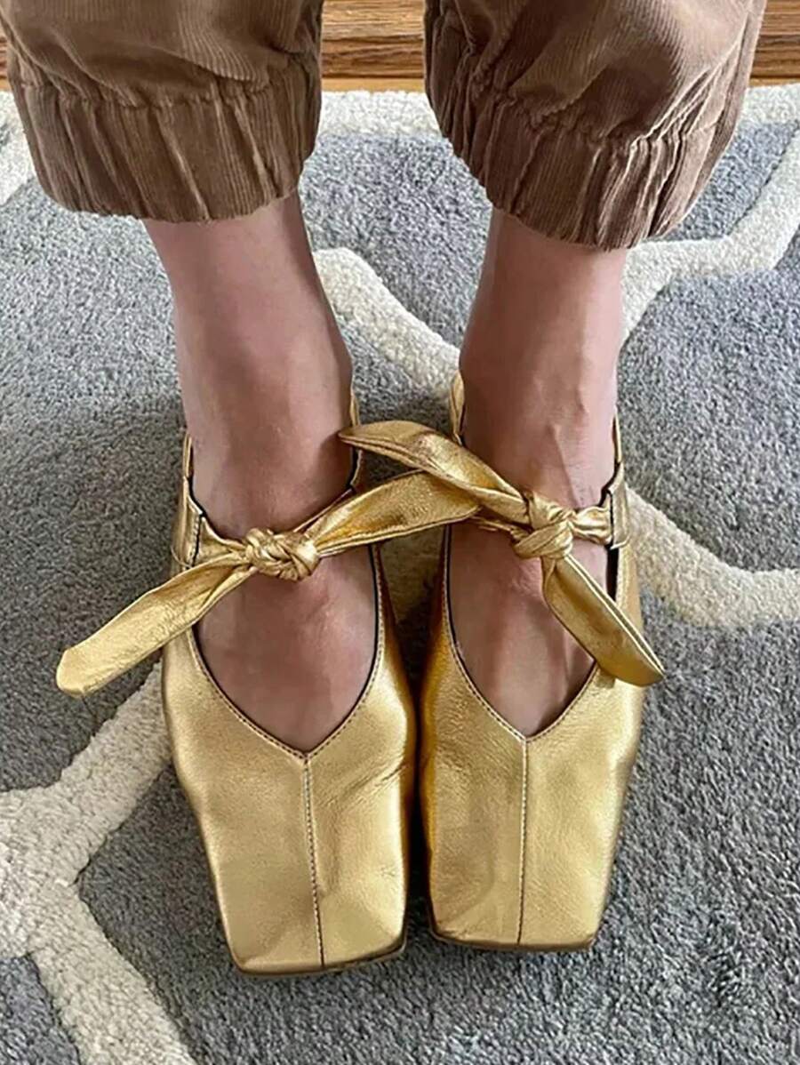 女士正方形頭芭蕾平底鞋，蝴蝶結繫帶簡約馬鞋，休閒舒適輕便裝 - 金色 - 查看 1