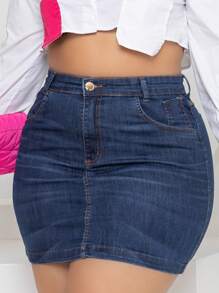 Plus Size Jeans Skirt Plain Hem Made Dark Wash Fashion - Rửa tối - Xem 1