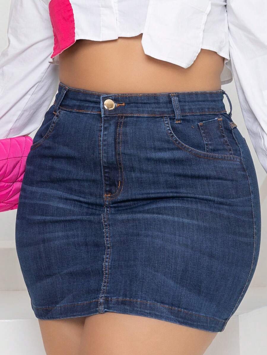 Plus Size Jeans Skirt Plain Hem Made Dark Wash Fashion - Rửa tối - Xem 1