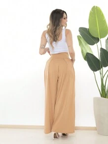 Loose Wide Leg Pantalona Pants Viscolycra Mesh Wide Waistband High Waist Pleats - Krem - View 4