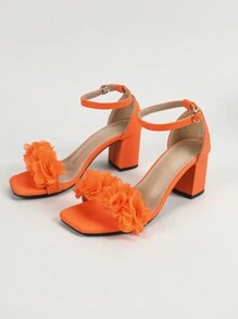 Qin TiNian 6.5cm High Square Toe 3D Floral Design Orange Women High Heel Sandals, Elegant Weddings/Parties Net Celebrity Style Mid Thick Heel Ankle Strap Ladies High Heel Sandals, Spring Summer New Arrivals - Orange - View 8
