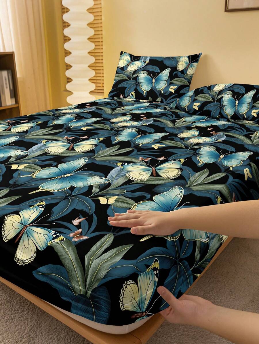 1pc Plant Floral & Butterfly Pattern Microfiber Fitted Sheet For Bedroom, Printed Bed Cover, Bedding (Pillow Case Not Included) - Multicolor - View 1