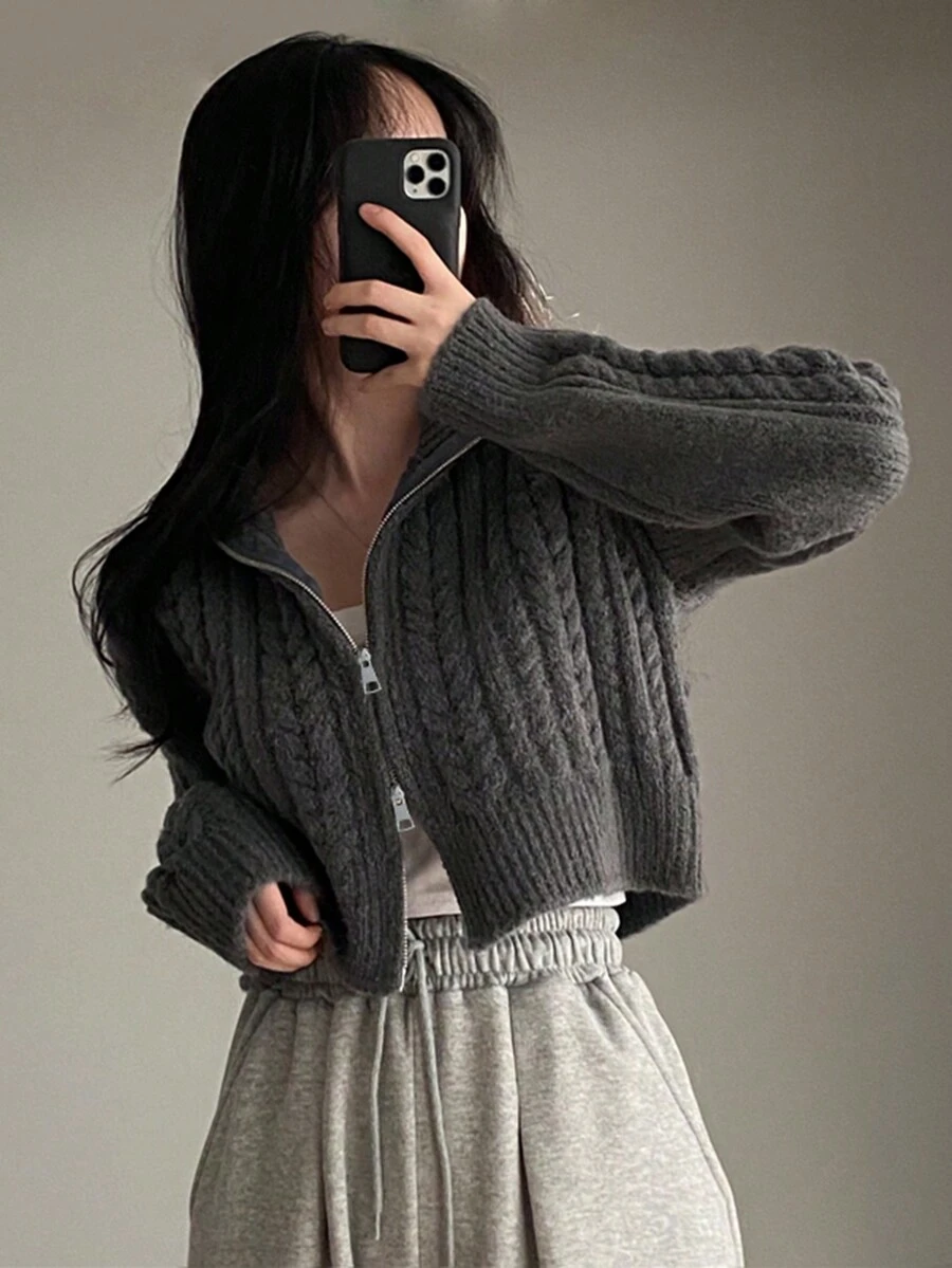 Early Spring Korean Style Cropped Cable Knit Zip-Up Cardigan Sweater For Women, Soft Vibe - Dark Grey - View 1