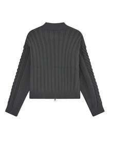 Early Spring Korean Style Cropped Cable Knit Zip-Up Cardigan Sweater For Women, Soft Vibe - Dark Grey - View 6