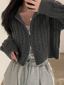 Early Spring Korean Style Cropped Cable Knit Zip-Up Cardigan Sweater For Women, Soft Vibe - Dark Grey - View 3