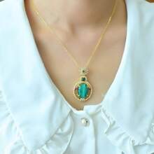 1pc Natural Malachite Gold Inlaid Necklace, Gemstone Gold-Plated Inlaid Pendant Necklace, Handmade, Guardian Peace, Fashion Good Luck Wealth Necklace, Couple Necklace, Healing Crystal, Amulet Gift, Gift For Her, Holiday Gift, Fashion Crystal Gift. (Lanyard Gift Box) - I - View 6