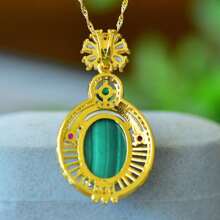 1pc Natural Malachite Gold Inlaid Necklace, Gemstone Gold-Plated Inlaid Pendant Necklace, Handmade, Guardian Peace, Fashion Good Luck Wealth Necklace, Couple Necklace, Healing Crystal, Amulet Gift, Gift For Her, Holiday Gift, Fashion Crystal Gift. (Lanyard Gift Box) - I - View 5