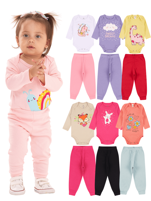 Kit 6 Peças de Roupas para Bebê Menina 3 body+ 3 calças/mijão