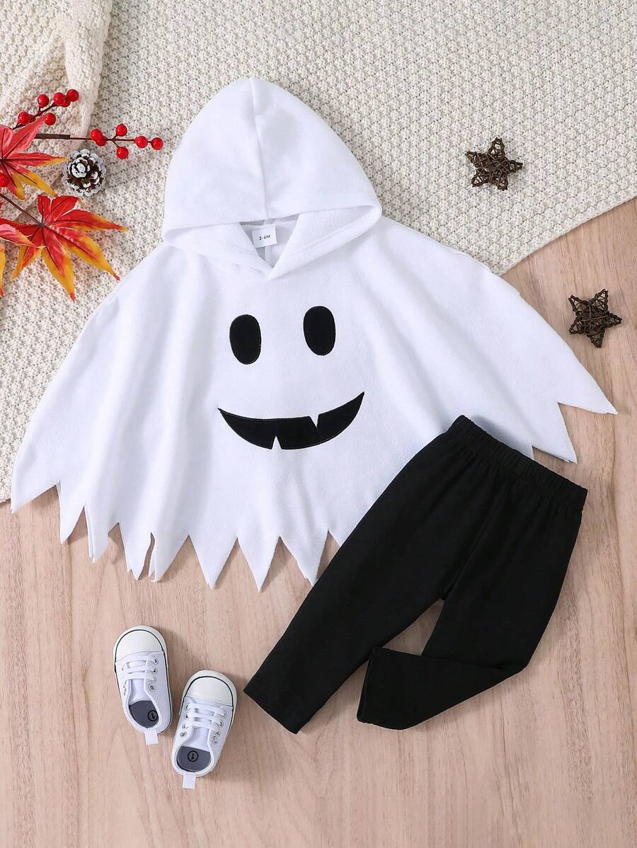 2pcs Halloween Party Outfit Set For Toddler, Smiling Face Pullover Sweater And Pants - White - View 1