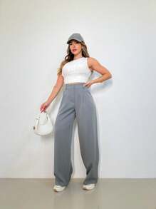 MODA MO, REF:  3271, Calça Alfaiataria Feminina | Cintura Alta Pantalona | Look Elegante e Despojado | Moda Casual para o Dia a Dia | Perfeita para o Trabalho |  Confortável e Estilosa | Caimento Impecável - Cinza - Visão 5