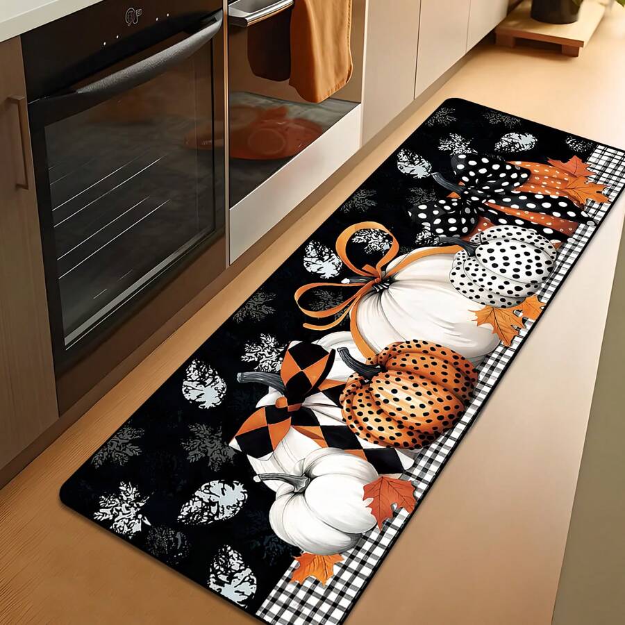 1 szt. Dywan kuchenny z nadrukiem dyni, dywan w kratkę z dynią na Święto Dziękczynienia i liściem klonu, odpowiedni do kuchni, salonu, przedpokoju, zmywalny, prezent świąteczny na jesień dla przyjaciół i rodziny - Wielokolorowe - Zobacz 1