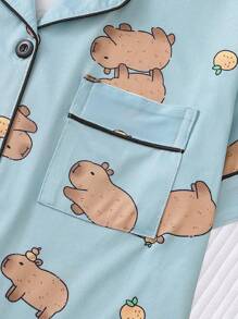 2pcs Cute Capybara Printed Ladies Lounge Wear Set, Short Sleeve Lapel Collar Top And Elastic Waist Shorts, Casual Pajamas And Homewear For Women, All Season, Two Pieces Set, Cool Light Blue