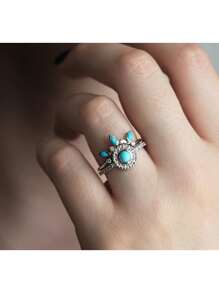 2 Cái/bộ Bộ nhẫn cưới đính đá & ngọc lam cổ điển dành cho nữ - Bạc - Xem 5