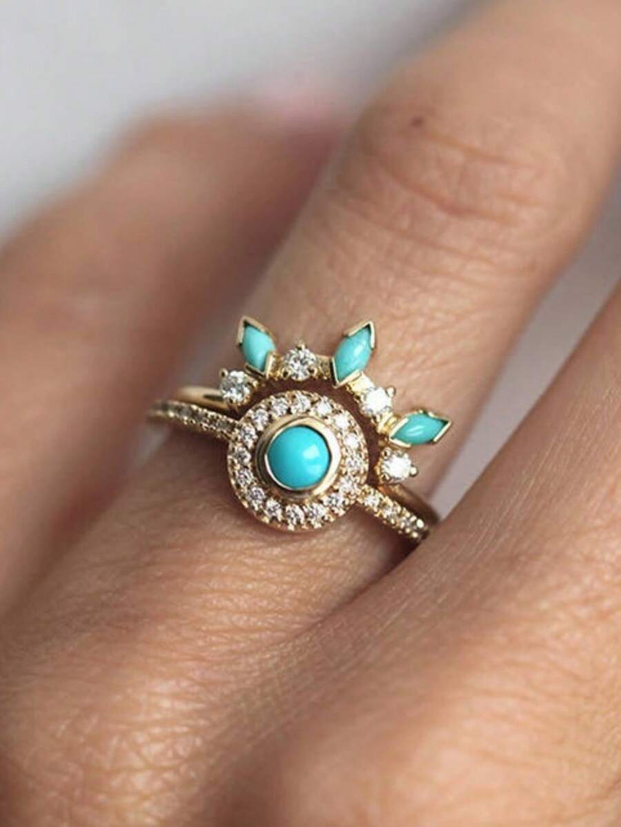 2 Cái/bộ Bộ nhẫn cưới đính đá & ngọc lam cổ điển dành cho nữ - Bạc - Xem 1
