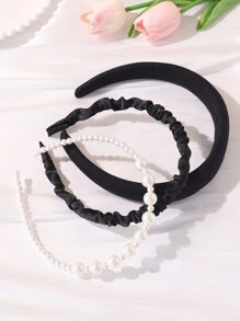 Set de 3 diademas con perlas artificiales, frescas y sencillas - Negro - Ver 7