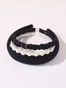 Set de 3 diademas con perlas artificiales, frescas y sencillas - Negro - Ver 8