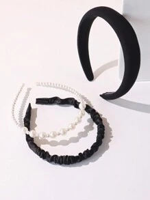 Set de 3 diademas con perlas artificiales, frescas y sencillas - Negro - Ver 6