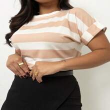 Women's Short Sleeve Striped Round Neck Blouse - Rusty Rose - View 2