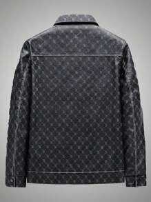 Men Long Sleeve Geo Print Flap Pocket Rave Jacket, For Fall Winter