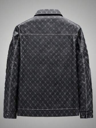 Men Long Sleeve Geo Print Flap Pocket Rave Jacket, For Fall Winter