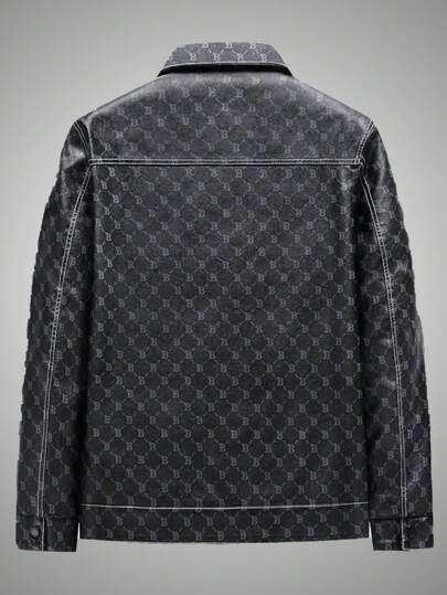 男士长袖几何印花翻盖口袋锐舞夹克，适合秋冬季穿着