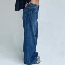 Y2k Low Rise Jeans For Women Loose Wide Straight Leg Baggy Jeans Vintage Boyfriend Denim Pants Streetwear - Xanh đậm - Xem 4