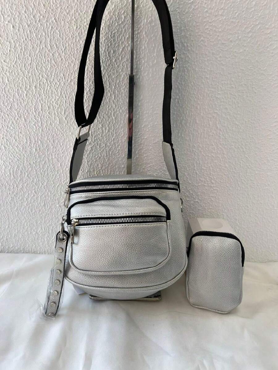 Women's Bag Kit With A Coin Purse Crossbody Bag Large Stylish Modern Blogger With Wide Strap In Pure Black - Silver - View 1
